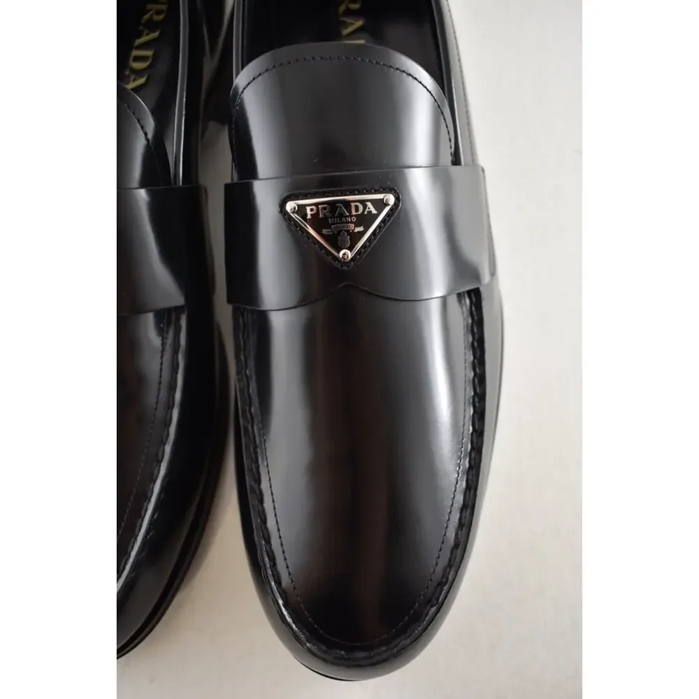 Prada Black Brushed Leather Triangle Logo Classic Loafer SlipOn Flat UK 12 US 13 - Picture 13 of 16
